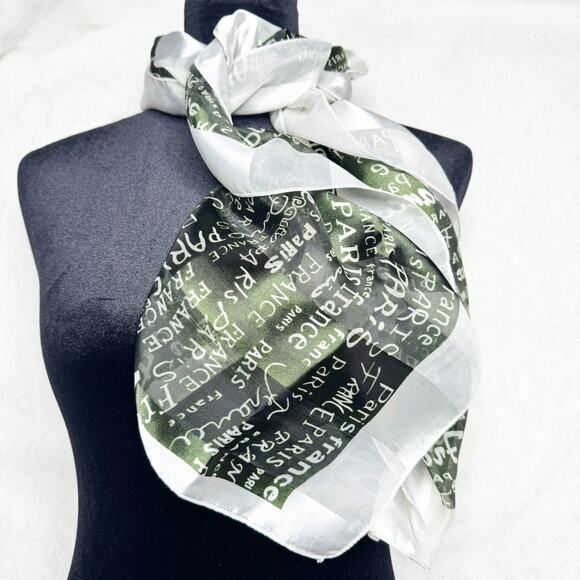 Paris France Black Green Ivory Silky Neck Scarf Neckerchief Striped Satin - Picture 2 of 4